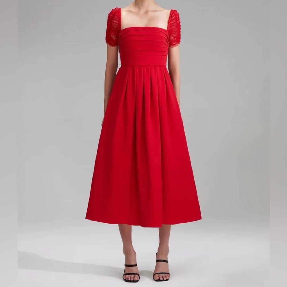 Self-Portrait Red Cotton-Blend Midi Dress with Lace Sleeves